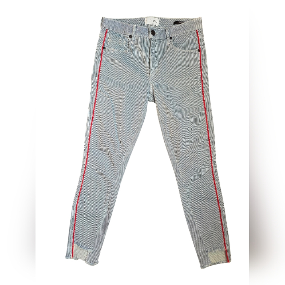 Parker Smith Skinny Jeans Blue Pinstripes Denim Raw Edges Mid Rise Size 27